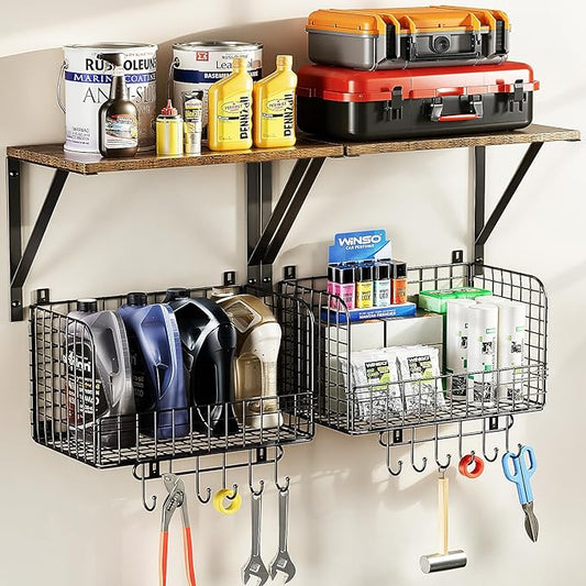 Housolution Garage Shelving Wall Mounted, Heavy-Duty Garage Wall Shelving with Baskets & Hooks Supports up to 154 LBS in Total, Tool Storage Organizer for Home, Garden, Kitchen, Laundry Room