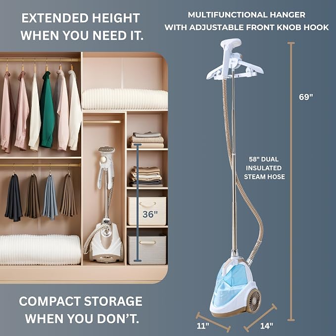 True & Tidy Luxury Upright Commercial Garment Steamer, Smart Auto Shut-Off Technology, 10 Steam Settings w/Wheels, 1800W Powerful Standing Clothes Steamer Fast Wrinkle Removal for Home & Business Use