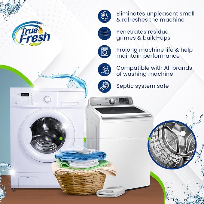 True Fresh 25-Pack Washing Machine Cleaner Tablets (12-Month Supply) & 2-in-1 Toilet Brush & Plunger Set - Ultimate Deep Cleaning for a Fresh, Sparkling Home