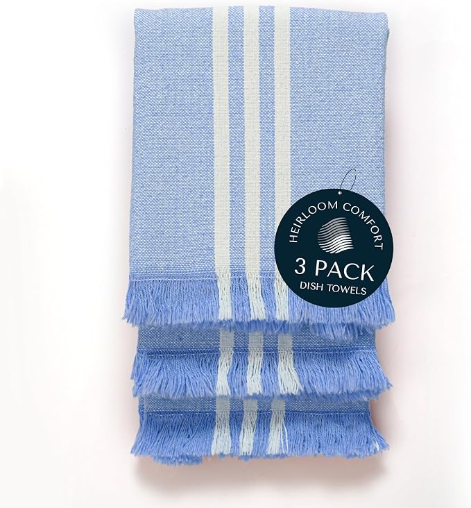 3 Pack Monochrome Stripe Dish Towels with Fringes, 16"x26", 100% Cotton, Absorbent & Durable, Quick Drying Kitchen Towels for Daily Cleaning, Cooking & Baking, Easy Care, Sky Blue
