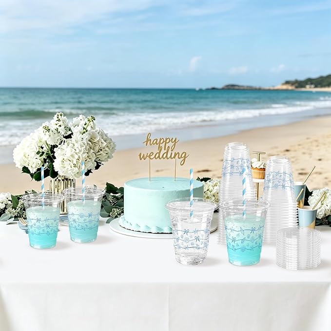 50 Sets Ocean Plastic Cups with Lids Straws 12 oz Blue Starfish Seashell Bow Disposable Cups Clear Under The Sea Drinking Cold Beverage Cup for Summer Beach Party Supplies