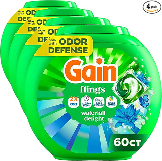 Gain Flings Liquid Washing Detergent Pacs, Now with Odor Defense + Color Guard, Waterfall Delight Scent, 4-In-1 Liquid Laundry Detergent Pods, clean & fresh, 60 Count (Pack of 4)