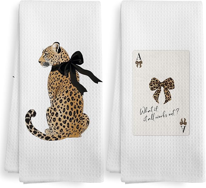 Trendy Leopard Cheetah Print Poker Bathroom Room Decor, Preppy Brown Leopard Bow Decor Dish Hand Tea Towels for Bathroom Kitchen Sets of 2, Cheetah Kitchen Towels and Dishcloths, 16x24 Inch