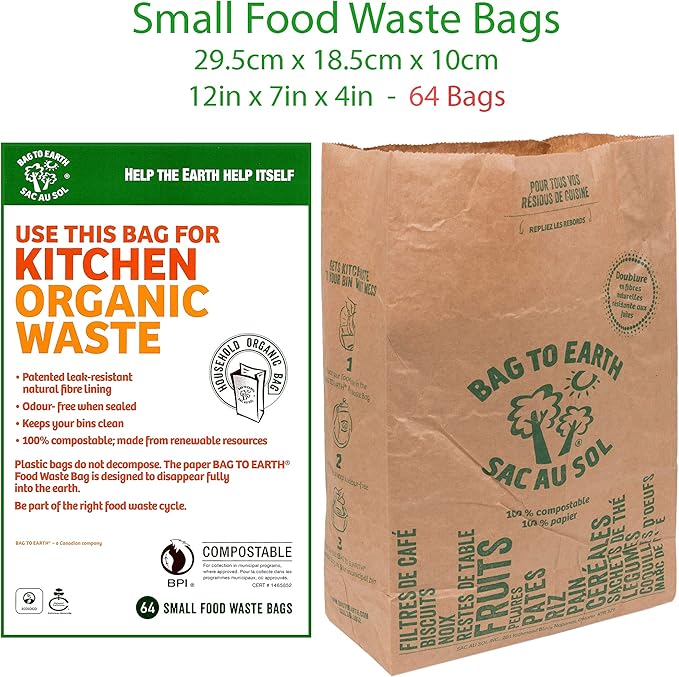 Bag to Earth -Kitchen Food Waste Bag, Set of 2 - Compostable, Leak-Resistant, 3.0 Gallons, 60 Count