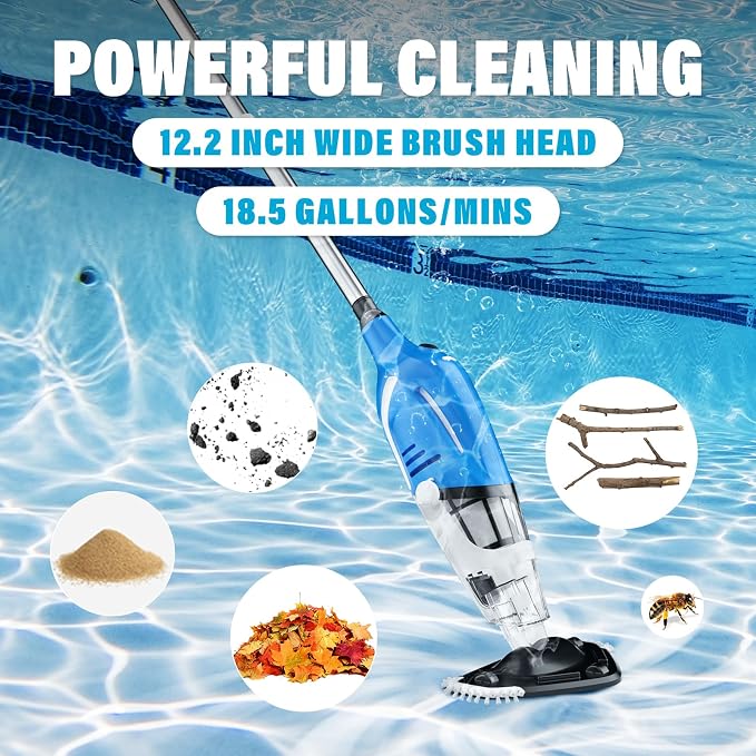 Cordless Pool Vacuum for Above Ground Pool, Handheld Rechargeable Pool Cleaner with Extension Pole, Suction up to 18.5 Gallons per Minute, 80 Mins Runtime, Ideal for Leaves & Debris for Inground Pools