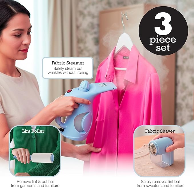 Inspired Living Fabric Care Kit – 3-Piece Clothes Care Set with Handheld Steamer, Lint Roller & Fabric Shaver/Defuzzer – Travel Steamer & Wrinkle Remover Kit – Blue Egg