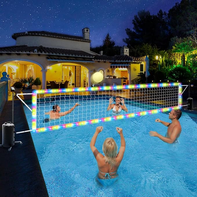 Pool Volleyball Net Set with Solar LED Lights, Adjustable 15-32ft Water Volleyball Net for Inground Pools with Glow Ball, Pump & Weighted Bases, Outdoor Pool Games for Kids Adults Family