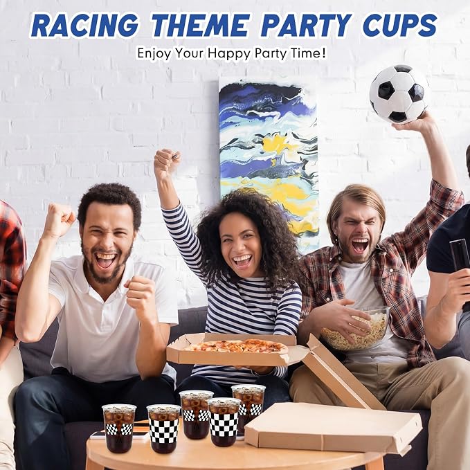 Ziliny 50 Pcs 16oz Checkered Cups Racing Party Round Bottom Plastic Cups Party Decorations, Disposable Clear White Black Checkered Flag Cup for Racing Themed Birthday Drink Supplies Decorations