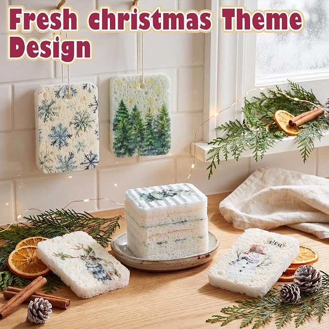 Hahafelt 36 Counts Compressed Cellulose Sponges Bulk Pop up Farmhouse Christmas Pattern Natural Kitchen Compostable Non Scratch Dish Sponges for Washing Dishes, Cleaning Countertop Sink