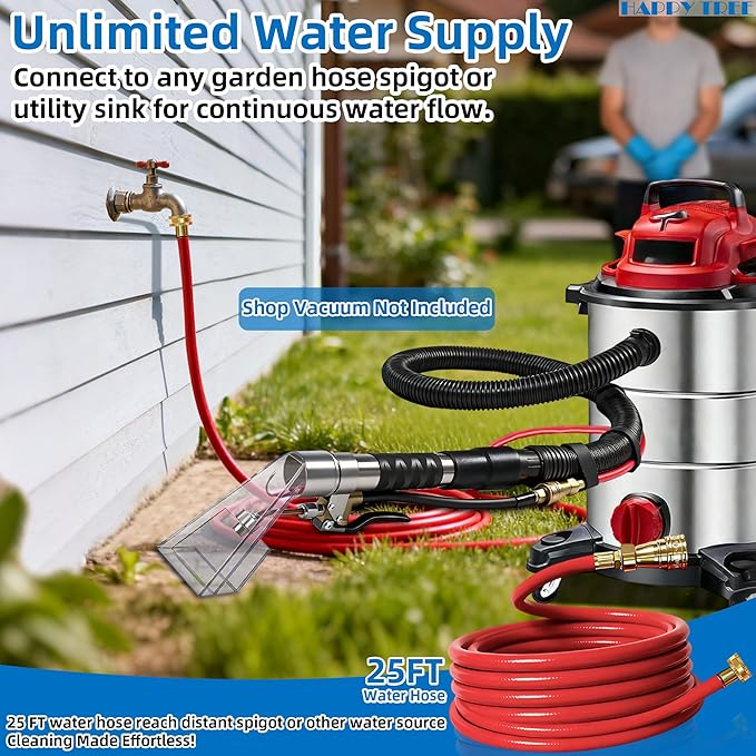 Happy Tree Universal Fit All Brands' Shop Vac Extractor Hose Kit Adapter Wet-dry Extraction Accessory for Upholstery & Carpet Cleaning Auto Detailing Wet Vaccum Accessories with 25 Feet Water Hose
