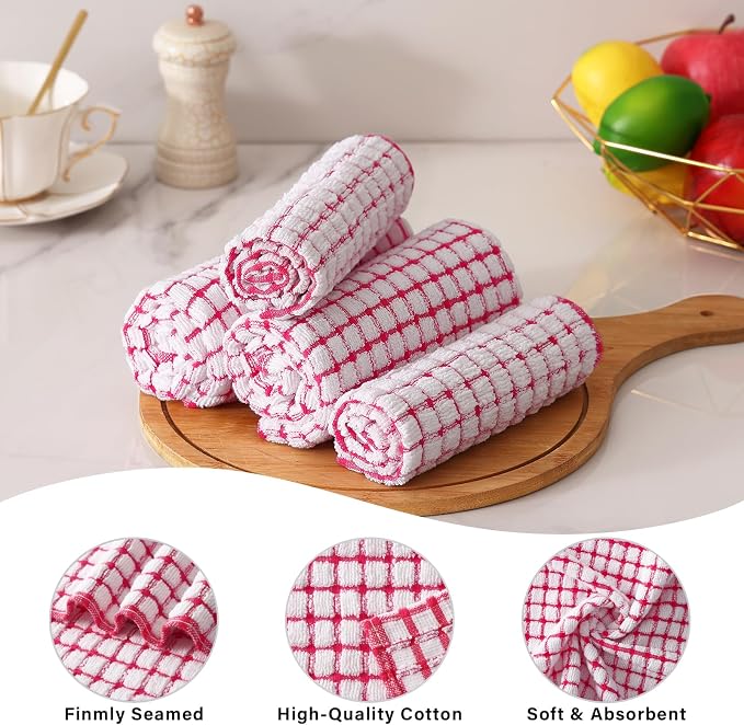 Kitinjoy Cotton 16 Pack Kitchen Towels and Dishcloths Sets, 16 x 25 Inch & 12 X 12 Inch Dish Towels Bulk, Super Soft and Absorbent Hand Towels for Kitchen Drying, Red