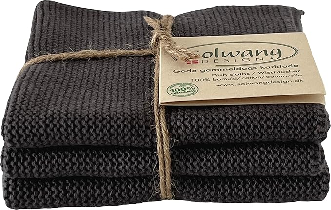 Solwang 3-Piece Danish Cotton Dishcloths in 100% Certified Organic Cotton Made in India (Dk Steel Organic Trio)