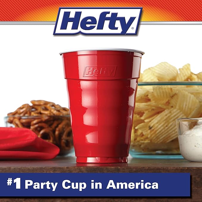 Hefty Party On Disposable Plastic Party Cups, 30 Count, 18 Oz Red Cups for Parties, Tailgates, Birthdays, Holidays, and More, Contoured Shape for Easy Gripping, Strong and Durable