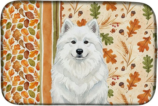 Caroline's Treasures White Samoyed Heirloom Fall Dish Drying Mat Absorbent Dish Drying Mat Pad for Kitchen Counter Dish Drainer Mat for Countertop, 14 x 21", Multicolor