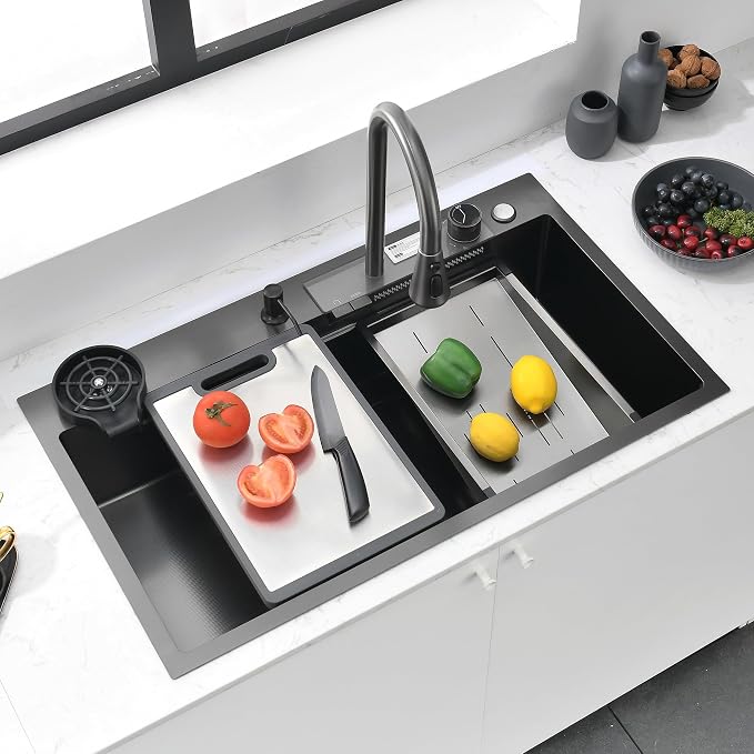33" x 18" Black-Gray Waterfall Kitchen Sink, Drop In Stainless Steel Modern Single Bowl Sink with Pull-Out Spray Faucet, Cup Washer & Accessories