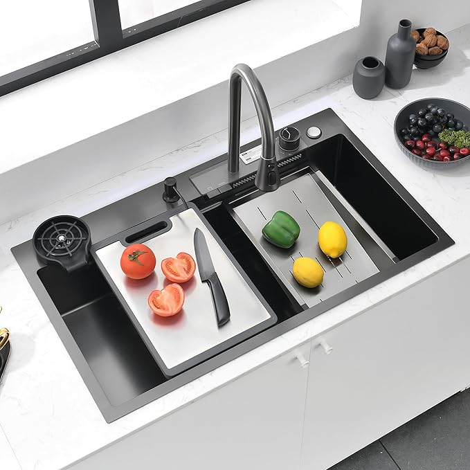27" x 18" Black-Gray Waterfall Kitchen Sink, Drop In Stainless Steel Modern Single Bowl Sink with Pull-Out Spray Faucet, Cup Washer & Accessories