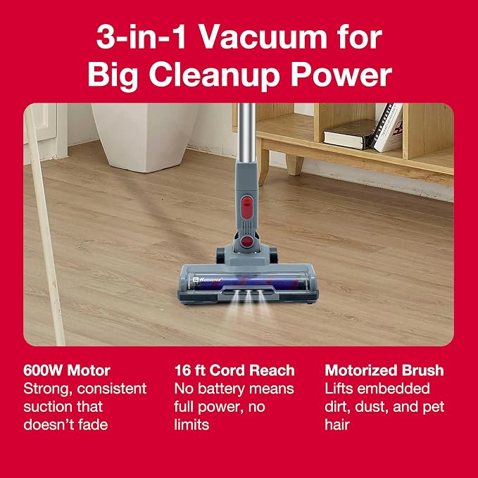 Koblenz Sagittarius Corded Stick Vacuum Cleaner, 3-in-1, 600W Motor, Brush Roll with LED, Cyclonic, Bagless 59 oz Dust Cup, Wall Mount, 16 ft Cord, Lightweight 5 lbs, Pet Hair, All Surfaces, SVK-631