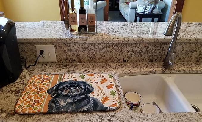 Caroline's Treasures Black Pekingese Heirloom Fall Dish Drying Mat Absorbent Dish Drying Mat Pad for Kitchen Counter Dish Drainer Mat for Countertop, 14 x 21", Multicolor