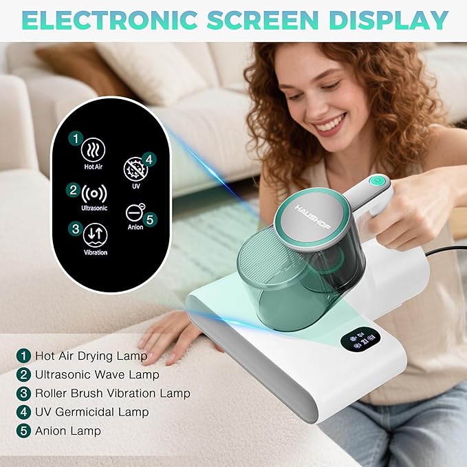 HAUSHOF Mattress Vacuum Cleaner, 16 Kpa Bed Vacuum Cleaner with 275nm UV-C Light, 140°F Heat, Ultrasonic, HEPA Filter, Dual Dust Cups, Versatile Handheld Vacuums for Bed, Sofa, Couch, Crib