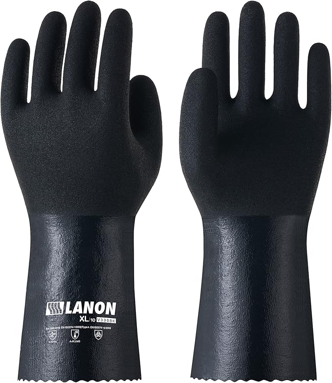 LANON 3 Pairs Nitrile Chemical Resistant Gloves, Reusable Heavy-Duty Rubber Gloves with MicroFoam Textured Palm, Acid, Alkali and Oil Protection, Black, Large