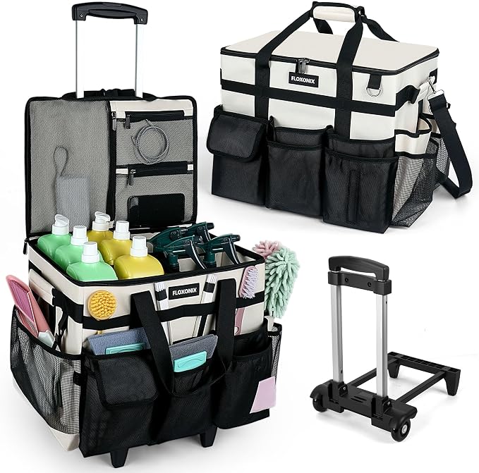 Large Rolling Cleaning Caddy Bag with Wheels, with Detachable Trolley, Cleaning Bags on Wheels for Housekeepers, Cleaning Cart Supplies Organizer for Home, Car, Picnic (Beige)
