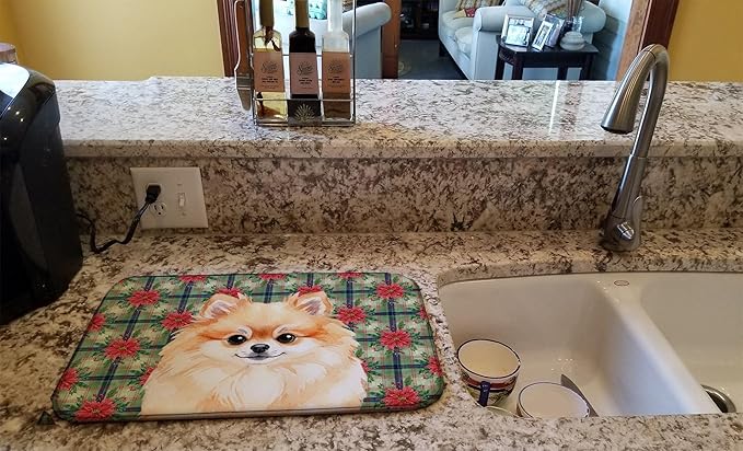 Caroline's Treasures Pomeranian Christmas PoinsettIas Dish Drying Mat Absorbent Dish Drying Mat Pad for Kitchen Counter Dish Drainer Mat for Countertop, 14 x 21", Multicolor