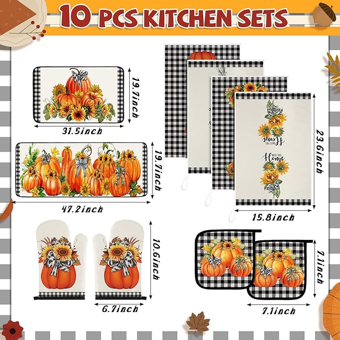 Fanfanwin 10 Pcs Thanksgiving Pumpkin Kitchen Decor Set Kitchen Towels Pot Holders Oven Mitts and Rugs Set Thanksgiving Decor for Baking Cooking BBQ Autumn Home