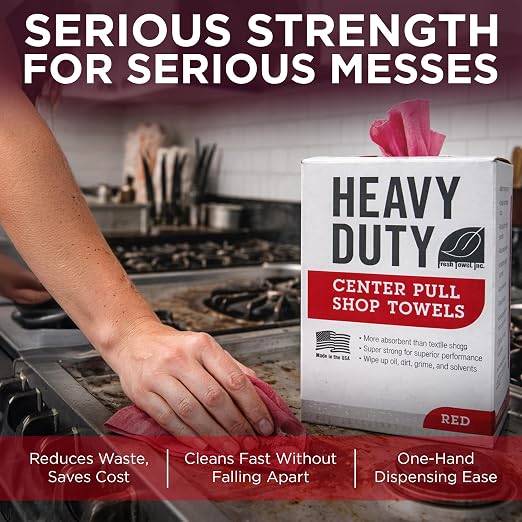 Fresh Towel Heavy Duty Center Pull Shop Towel Rags for Cleaning- (1 Box of 160 Sheets) Disposable Cleaning Towels - 9 x 12 inches - FT800 (Red)