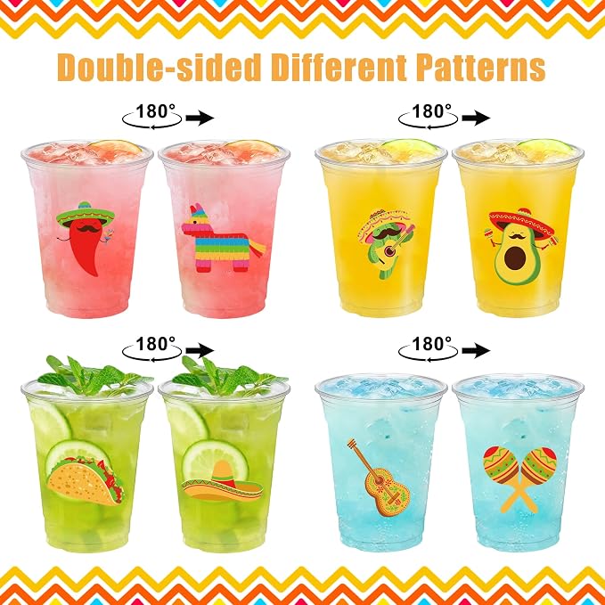 50 Pcs Mexican Fiesta Plastic Cups 16 oz Mexican Party Cups Cinco De Mayo Disposable Cup Clear Drinking Cup Bulk for Taco Birthday Hispanic Heritage Month Party Supplies