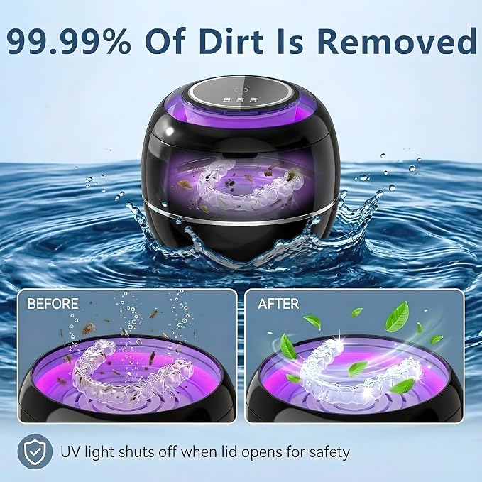 Ultrasonic Retainer Cleaner Machine, Black, 42KHZ Dental Cleaning Pod For Denture, Toothbrush Heads,Jewelry, Braces, Digital Timer with 2 Modes, 180ML,304 stainless steel inner liner