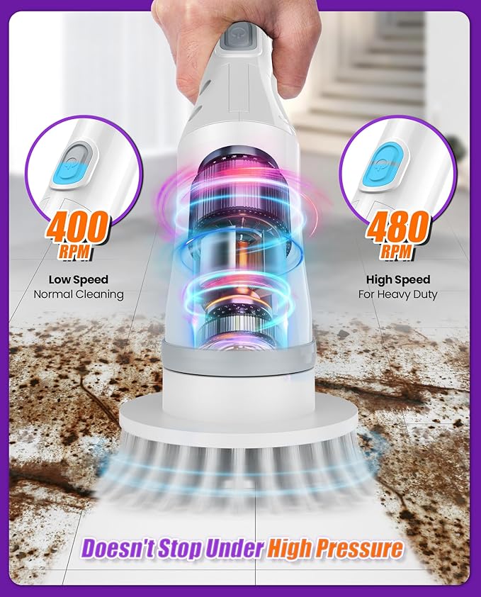 6-in-1 Electric Spin Scrubber, Cordless Power Scrubber with 47.2" Long Extendable Handle, 2-Speed Scrub Brush with Cleaning Scouring Pads, IPX7 Waterproof for Tile & Floor Cleaning, White-qb2