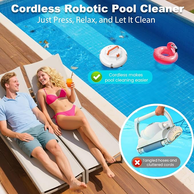 2026 Cordless Robotic Pool Cleaner - 120 Mins Automatic Pool Vacuum for Above Ground Pool & In - Ground Flat Pools up to 1000 Sq.Ft, Robot Pool Cleaner with Self - Parking Tech