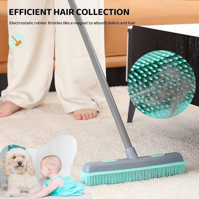 Conliwell Rubber Broom Carpet Rake for Pet Hair, Fur Remover Broom with Squeegee and 18" Professional Microfiber Mop Floor Cleaning System