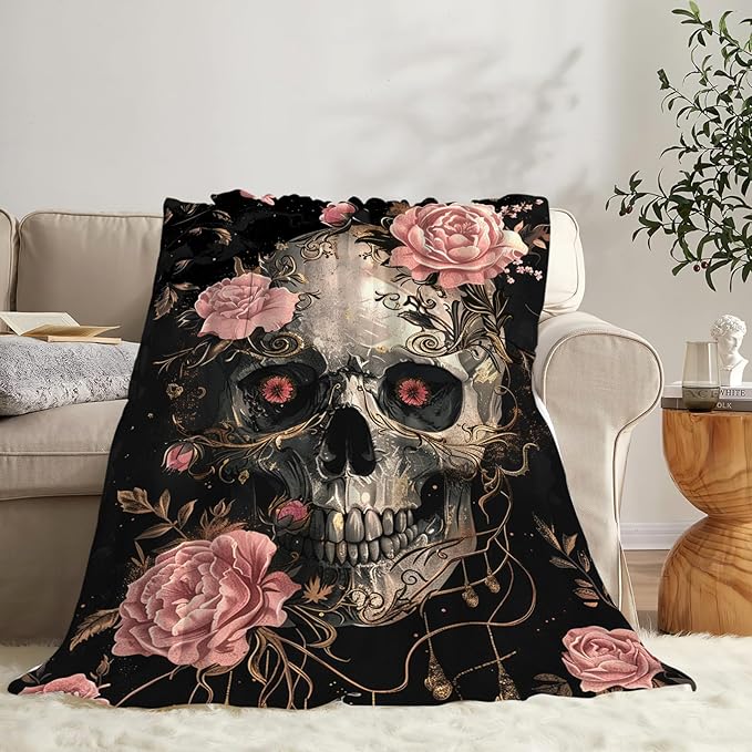Tijuboni Skull Roses Throw Blanket Skeleton Gifts for Girls Boys Women Men Kids Adults Soft Flannel Fleece Blanket for Couch Sofa Bed Home Decor 40"x50"