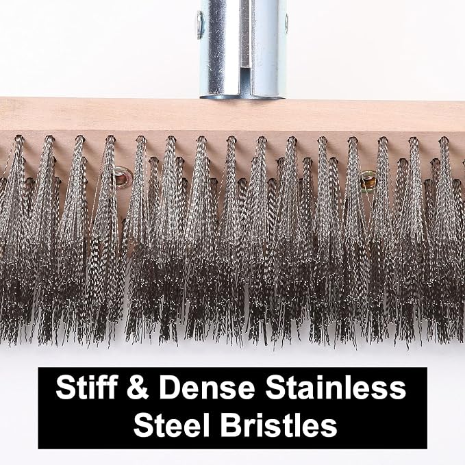 Stainless Steel Wire Scrub Brush with 63" Long Handle, 2PCS 8" Brush Heads, Heavy Duty Large Wire Brush, Stiff Metal Bristle Floor Scrubber, Patio Floor Cleaning, Wire Broom for Concrete, Deck, Moss