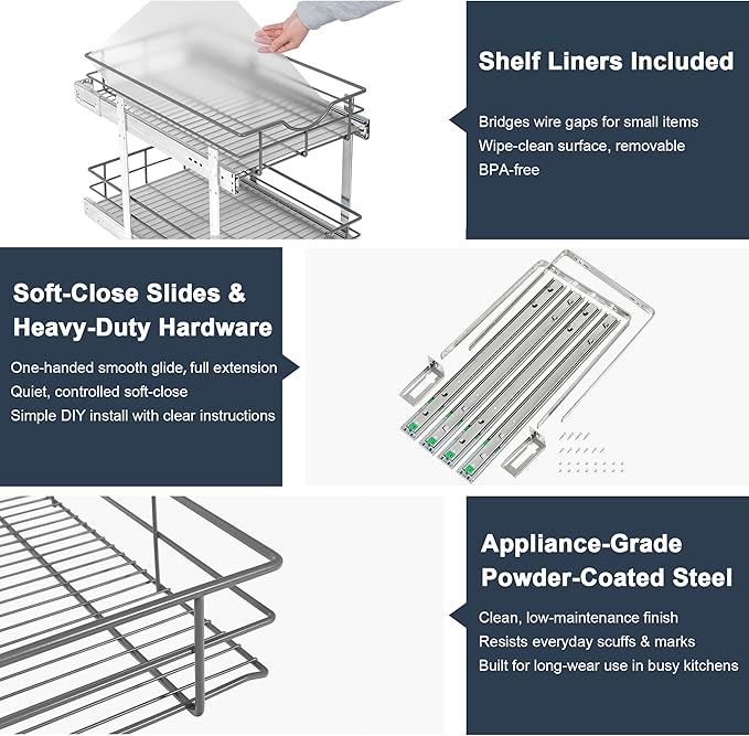 2 Tier Pull Out Cabinet Organizer - 11" W x 22" D Soft Close Slide Out Shelves with Shelf Liners - Pullout Drawers for Kitchen Cabinets, Pantry, Bathroom, Heavy Duty Steel Wire Baskets