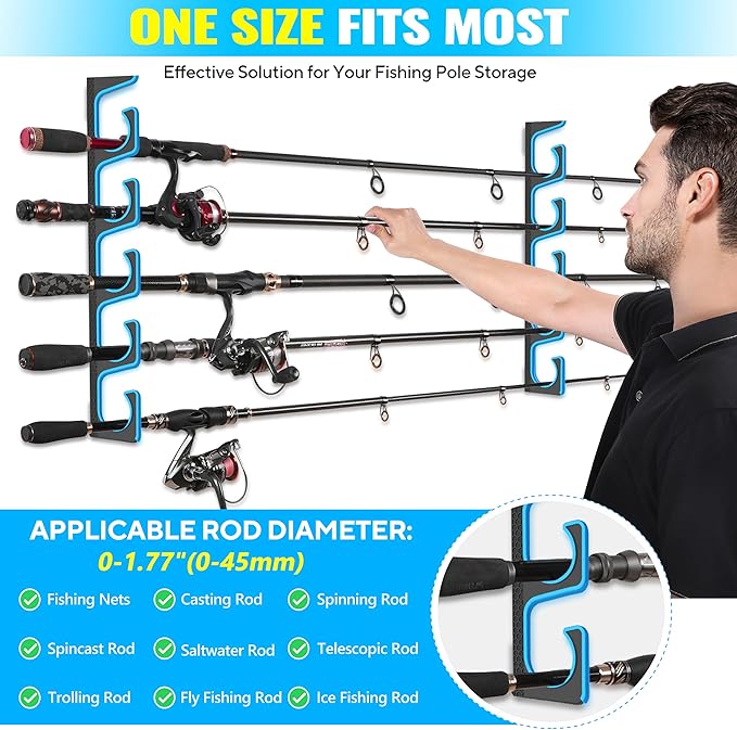 PLUSINNO H5P Fishing Rod/Pole Holders for Garage, Wall or Ceiling Mounted Fishing Rod Holder with Soft Protective Pad, Fishing Rod Storage Organizer Holds up to 5/10/20 Rod or Combos or Nets