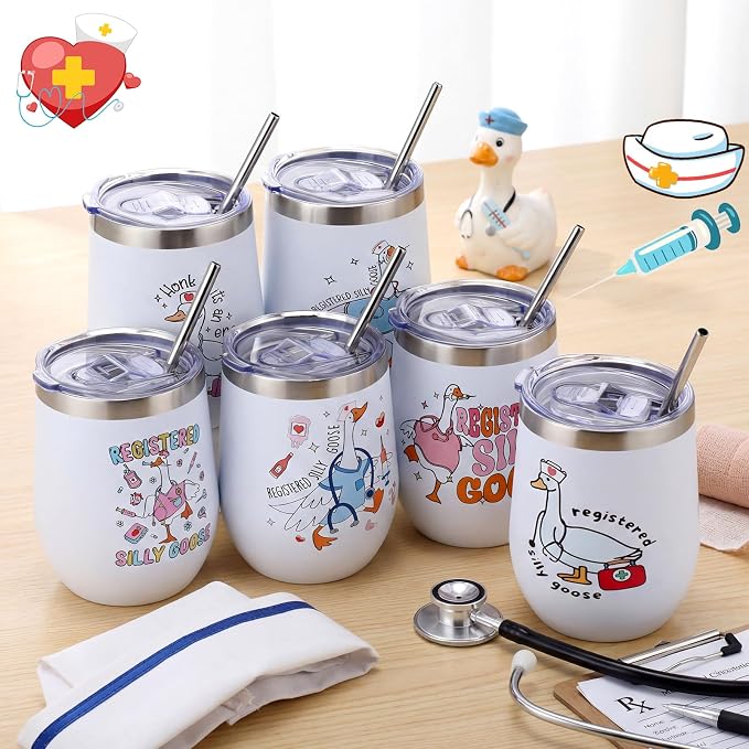 LemonRoad 6 Pcs Funny Silly Goose Nurse Tumbler 12 oz Insulated Stainless Steel Travel Mug with Lid and Straw Rn Graduation Gift New Grad Nurse Appreciation for Women Men Student Nursing Class