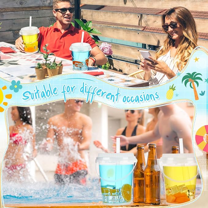 Funnymoom 50 Set 34 oz Clear Drink Buckets with Lids and Straws, Disposable Plastic Rum Cocktail Pails with Handles Large Smoothie Cups for Adult Bachelorette Party Supplies Beach & Catering Events