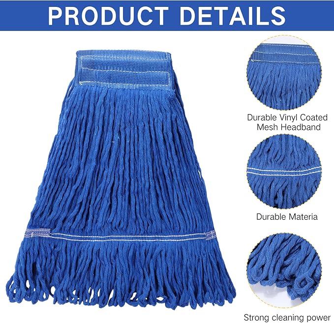 Roshtia 16 Pack Mop Head Replacement Large Heavy Duty Mop Head Commercial Replacement Looped End Cotton String Industrial Washable Mophead Refills for Commercial Industrial Home Cleaning(Blue, Yellow)