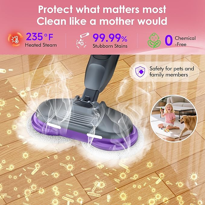 Scrub & Steam Mop with Rotating Mop Pads, 4 Cleaning Modes & LED Headlights, 6 Scrub Pads, Large Tank, Swivel Steering, All-in-One Hard Floor Cleaner