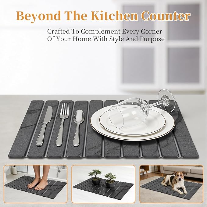 Stone Dish Drying Mat for Kitchen - Grey Kitchen Counter Mats Quick Dry for Dishes Cups - Foldable Super Absorbent Diatomaceous Earth Drying Coasters Multi-Purpose (24"×16"/ 8"x4")