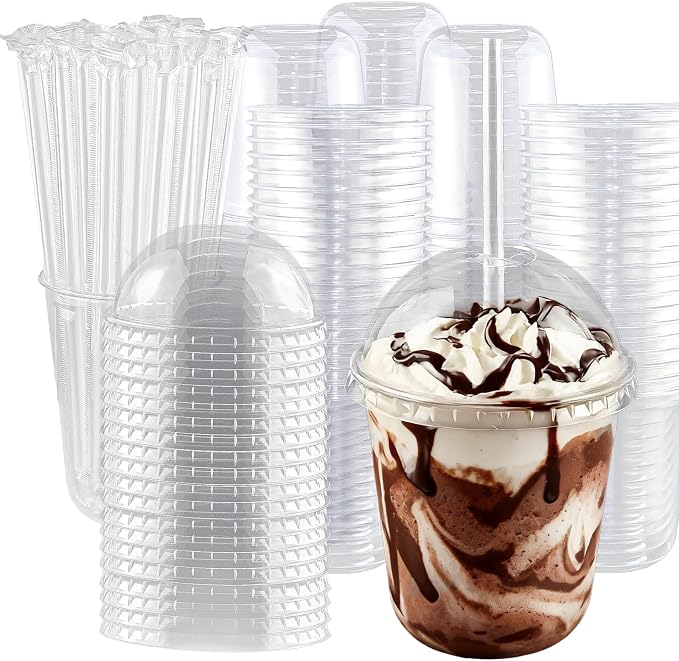 Qsqwsuye 50 Set 12 oz Disposable Clear Plastic Cups with Dome Lids and Straws, Durable Plastic Party Cups for Iced Coffee, Milk Tea, Assorted Beverages, Perfect for Parties, Wedding, Festival Events