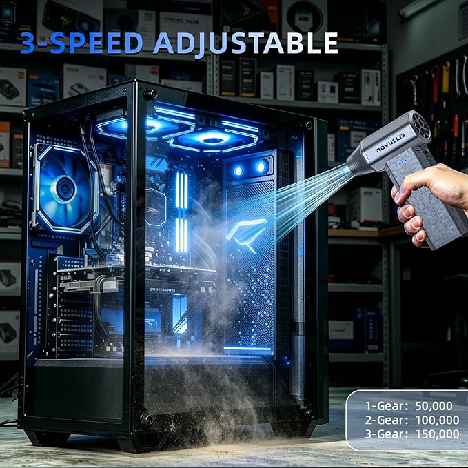 Cordless Compressed Air Duster, 150000RPM Super Power Electric Air Duster, 3-Gear Adjustable Mini Air Blower for Computer, Keyboard, Outdoor, House and Car Cleaning (Silvery)