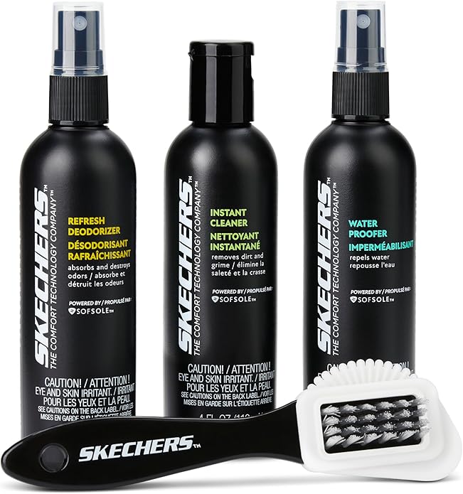 Sof Sole x Skechers Shoe Care Kit – All-in-One Shoe Cleaning Kit with Sneaker Cleaner, Shoe Deodorizer, Waterproof Spray & Brush – 4 oz Bottles with Pump Sprayers – Shoe Care for Athletic Shoes