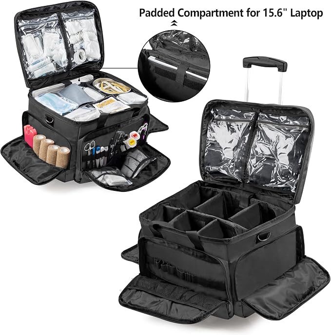 Trunab Rolling Medical Bag with Detachable Trolley, Nurse Rolling Bag with Removable Dividers 15.6” Laptop Sleeve, First Aid Responder Bag Empty for Home Health Nurses, Doctors, EMT, EMS