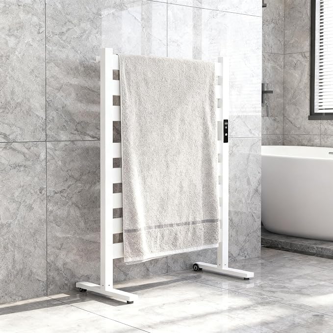 Verida Towel Warmer for Bathroom, Freestanding Heated Towel Rack with Extra-Wide 8-Bar Heating, Built-in Timer & 3-Level Temperature Control, Large White Floor Standing Rack