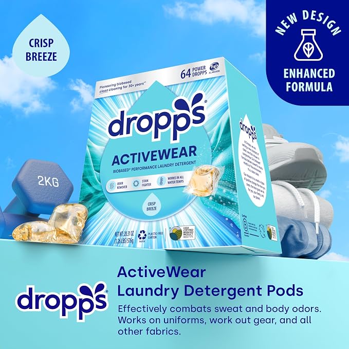 Dropps Activewear Laundry Detergent Pods, Crisp Breeze (64 Count) - Powerful Laundry Pods | Fights Sweat & Body Odors | For Synthetic Workout Clothes | Clean Ingredients | Plastic Free Packaging