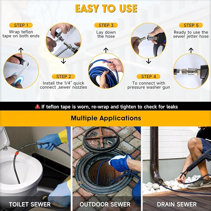 Sewer Jetter Kit for Pressure Washer 50ft – 5800PSI Drain Jetter Hose 1/4 Inch NPT Corner with Watering Spray Nozzle, Rotating and Button Hose Sewer Jetting Nozzles & Easy-to-Store Strap