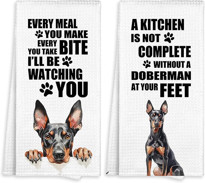 Doberman Kitchen Towel Gifts for Dog Lovers Decorative Set of 2, Dobermann Dish Towels Dishcloths Tea Towels, Dobie Pinscher Waffle Weave Microfiber Hand Towel for Kitchen Bathroom Decor 16x24